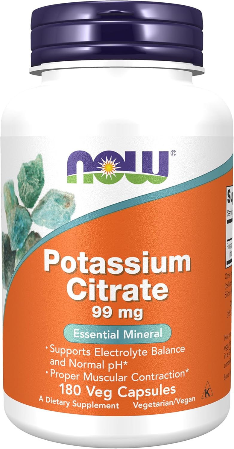 NOW Foods Supplements, Potassium Citrate 99 mg, Supports Electrolyte Balance and Normal pH*, Essential Mineral, 180 veg Capsules